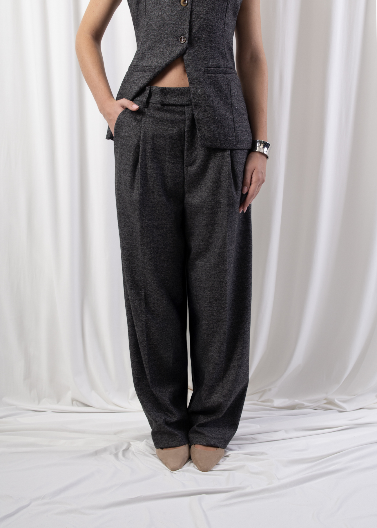 Model wearing high-rise pleated trousers with wide-leg silhouette, styled against a white backdrop.