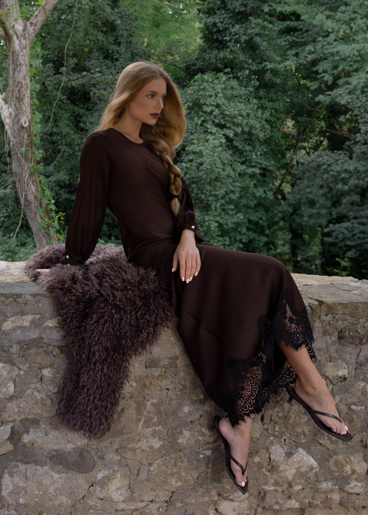 Sheer-Sleeve Maxi Dress with Lace Hem - Image 3