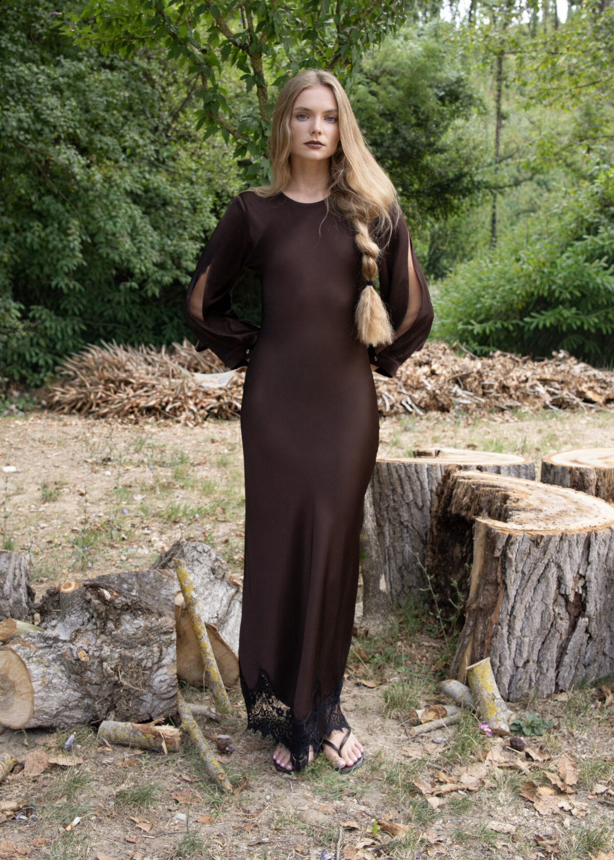 Sheer-Sleeve Maxi Dress with Lace Hem - Image 5