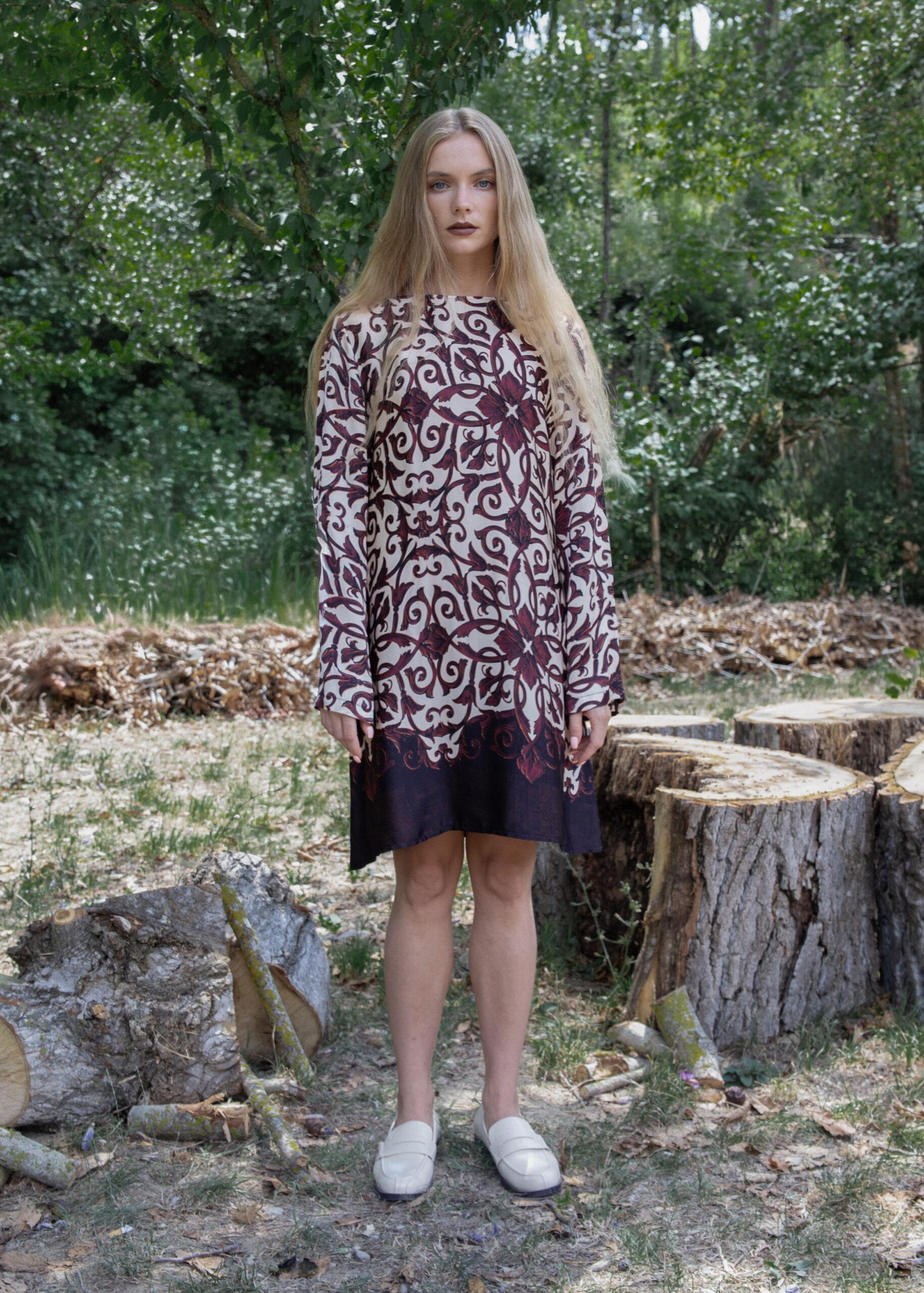 Midi long sleeve dress in 100% viscose with baroque print — Fall Winter 25