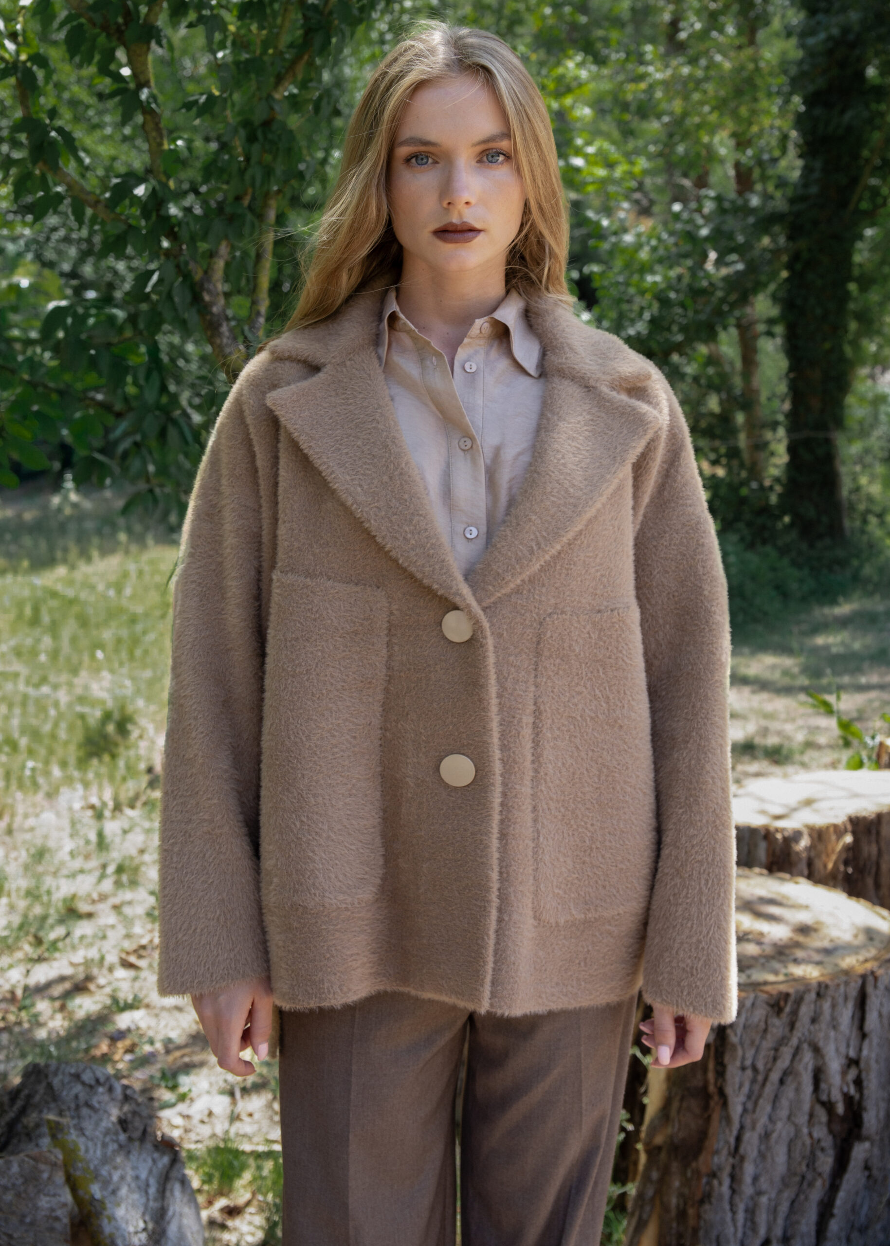 a casual and fluffy everyday jacket with rose gold statement bottons, deep V neck and oversized fit