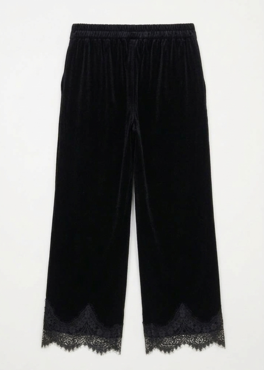 Pantaloni wide leg velluto con pizzo - Image 2